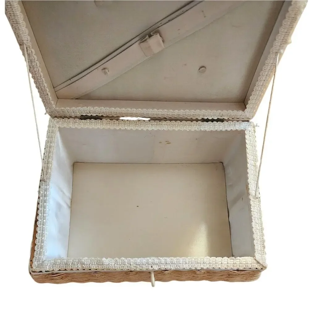 Vintage Natural Woven Fiber Woven Sewing Basket Lined Interior Box